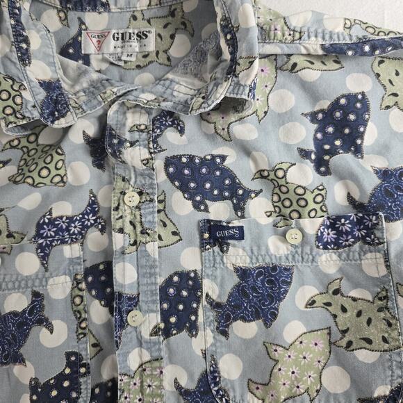 Guess Blue Fish Polka Dot Button Up VTG Shirt Med USA Travel Camp Vacation Retro - Picture 1 of 8